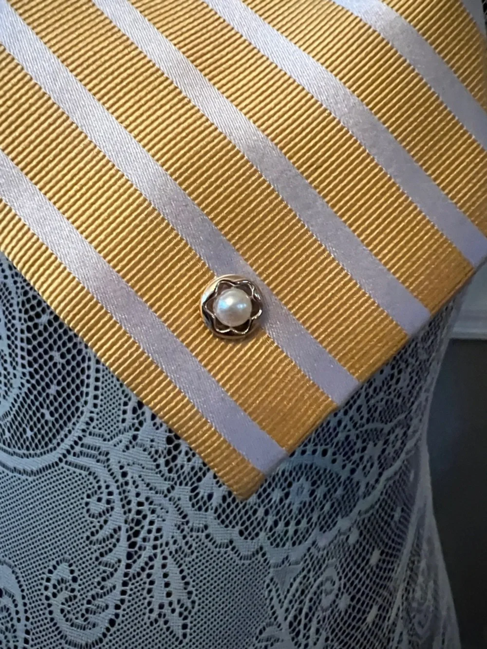 Hand Crafted Yellow and White Striped Necktie Statement Necklace - Picture 3 of 3